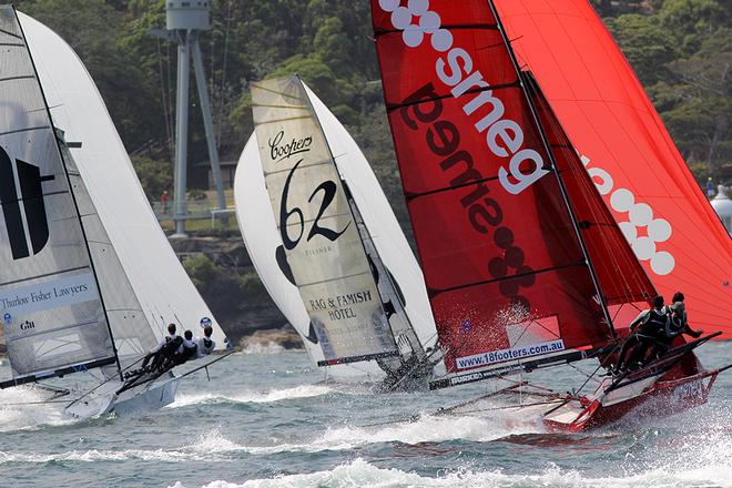 Tight spinnaker action - 2014 Australian 18ft Skiff Championships - Race 2 © Frank Quealey /Australian 18 Footers League http://www.18footers.com.au